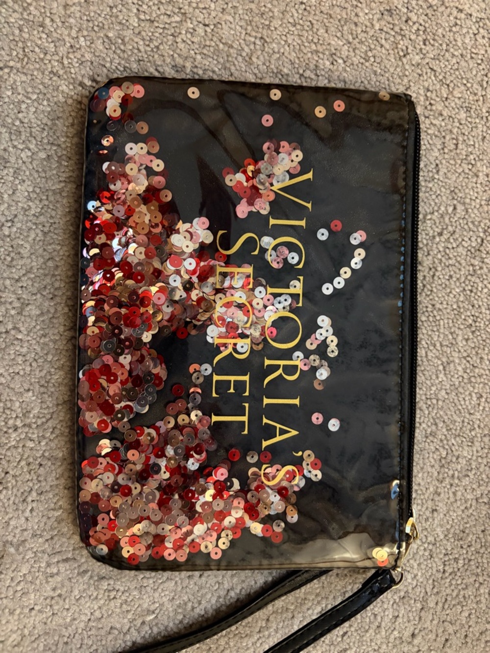 Victoria's Secret Black Sequin Wristlet with Red & Pink Accents